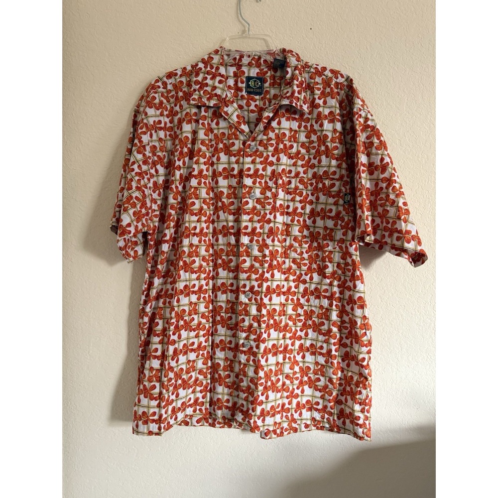 Raw Edge Mens Medium Orange Floral Grid Button Down Shirt Short Sleeve Cotton